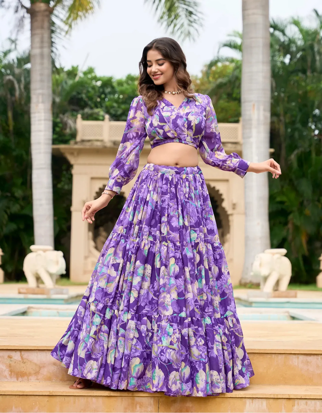 Purple Georgette Floral Printed Indo Western Set