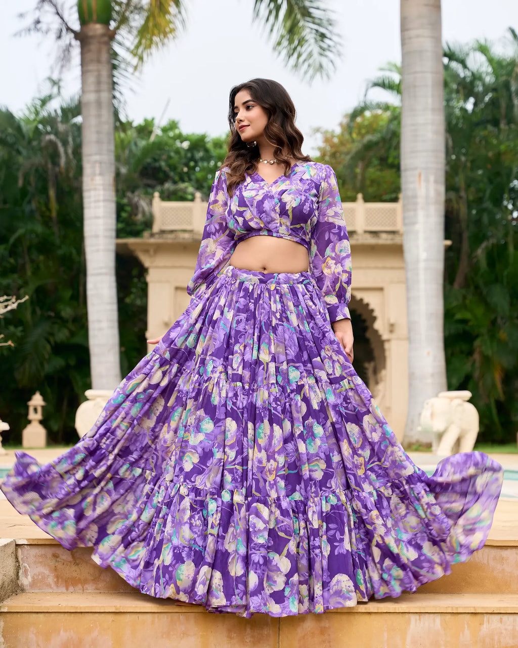 Purple Georgette Floral Printed Indo Western Set