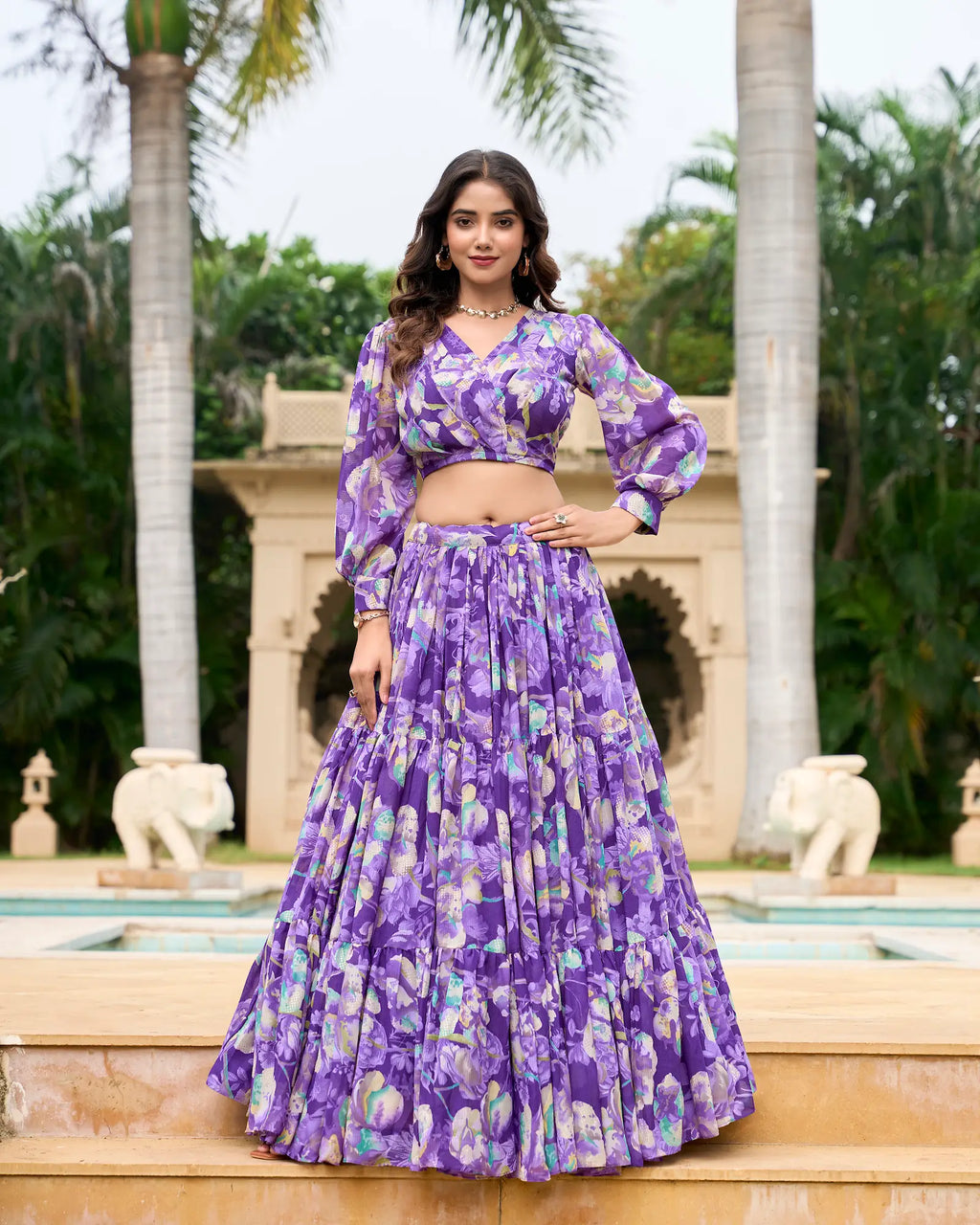 Purple Georgette Floral Printed Indo Western Set
