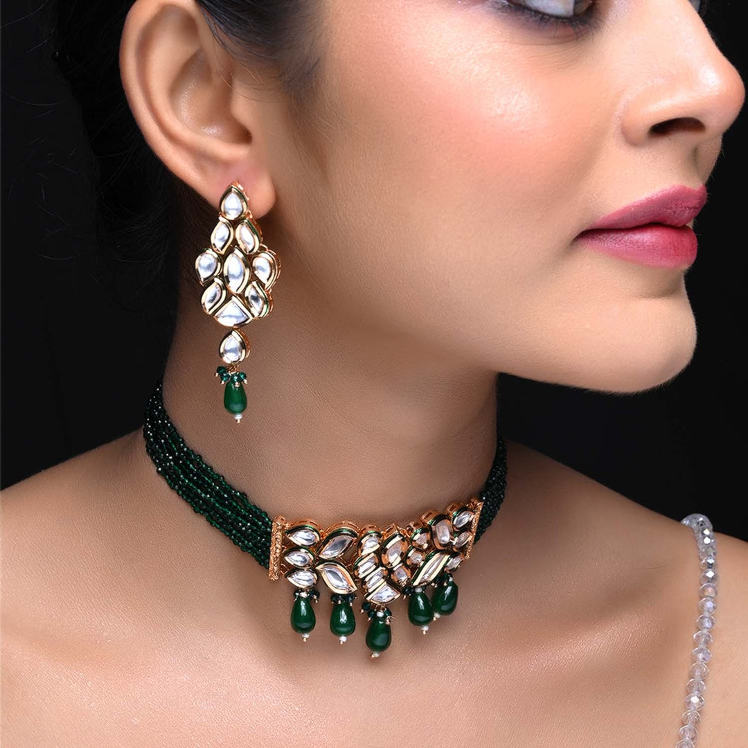 Elegant Kundan Choker Necklace With Green Beads and Hanging Green Ornaments