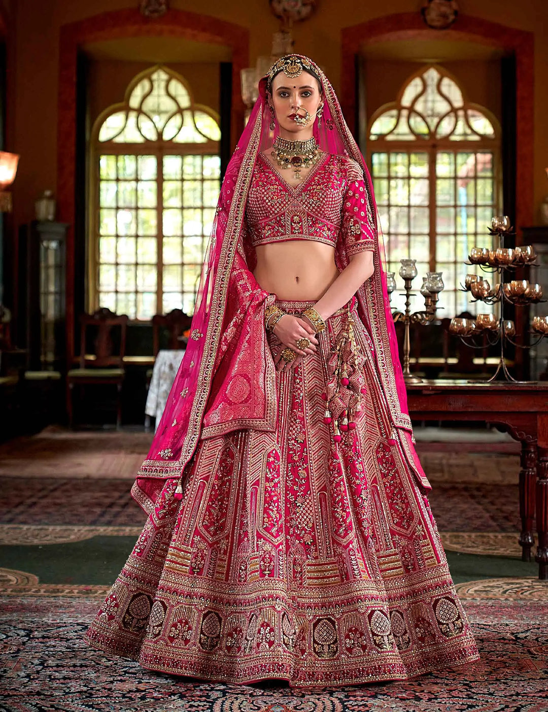 Pink Bridal Lehenga With Heavy Embroidery & Pearl Work - qivii