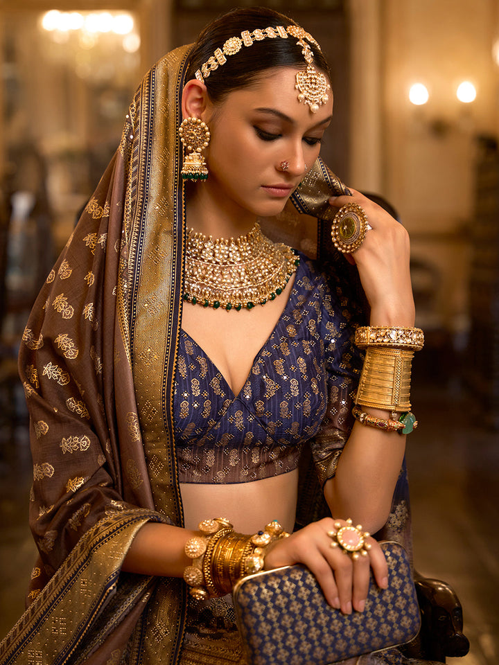 Blue-Golden Designer Silk Ready to Wear Lehenga Choli With Sparkle & Aari Mirror Work - qivii
