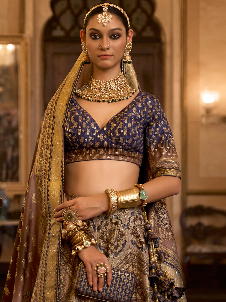 Blue-Golden Designer Silk Ready to Wear Lehenga Choli With Sparkle & Aari Mirror Work - qivii