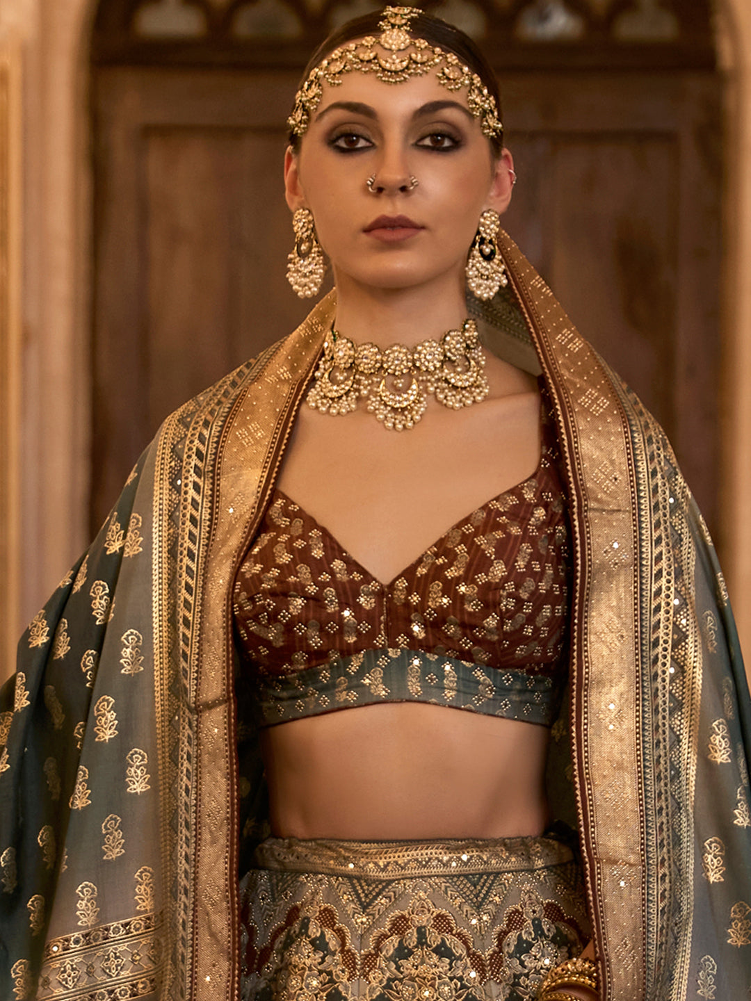 Grey-Brown Designer Silk Ready to Wear Lehenga Choli With Sparkle & Aari Mirror Work - qivii