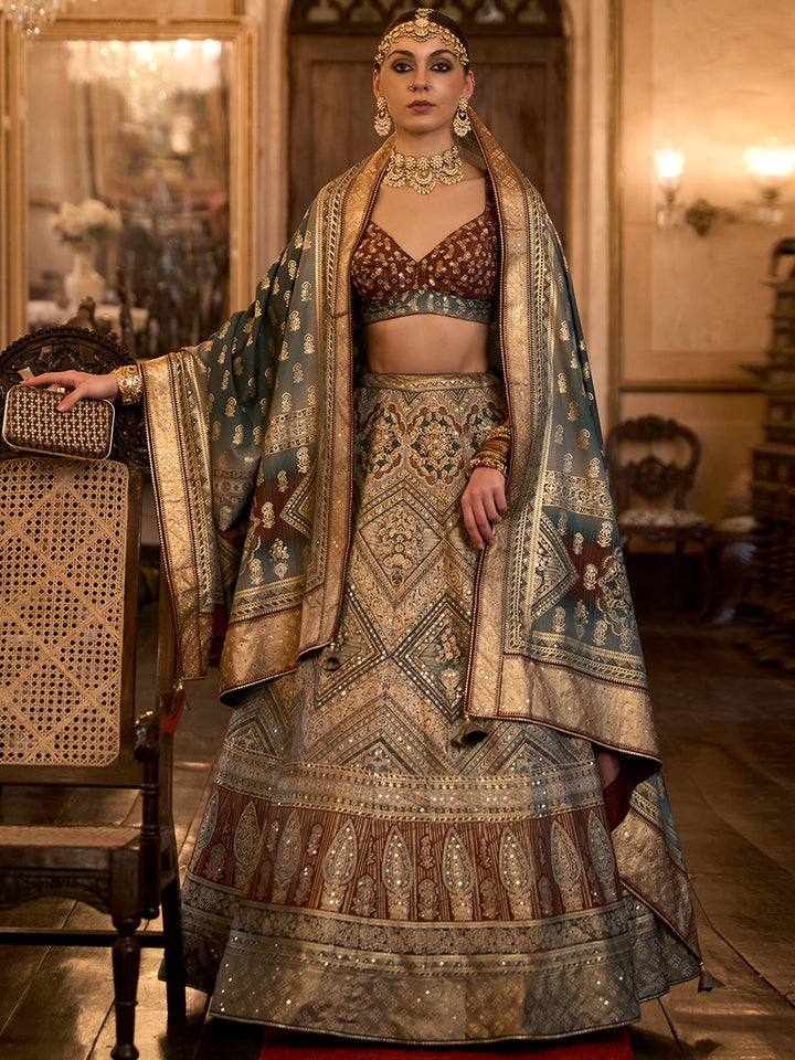 Grey-Brown Designer Silk Ready to Wear Lehenga Choli With Sparkle & Aari Mirror Work - qivii
