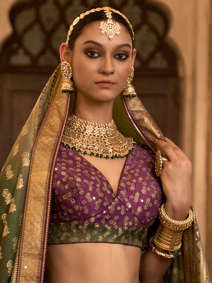 Green-Purple Designer Silk Ready to Wear Lehenga Choli With Sparkle & Aari Mirror Work - qivii