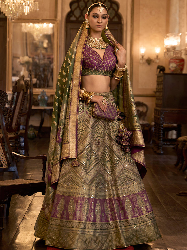 Green-Purple Designer Silk Ready to Wear Lehenga Choli With Sparkle & Aari Mirror Work - qivii