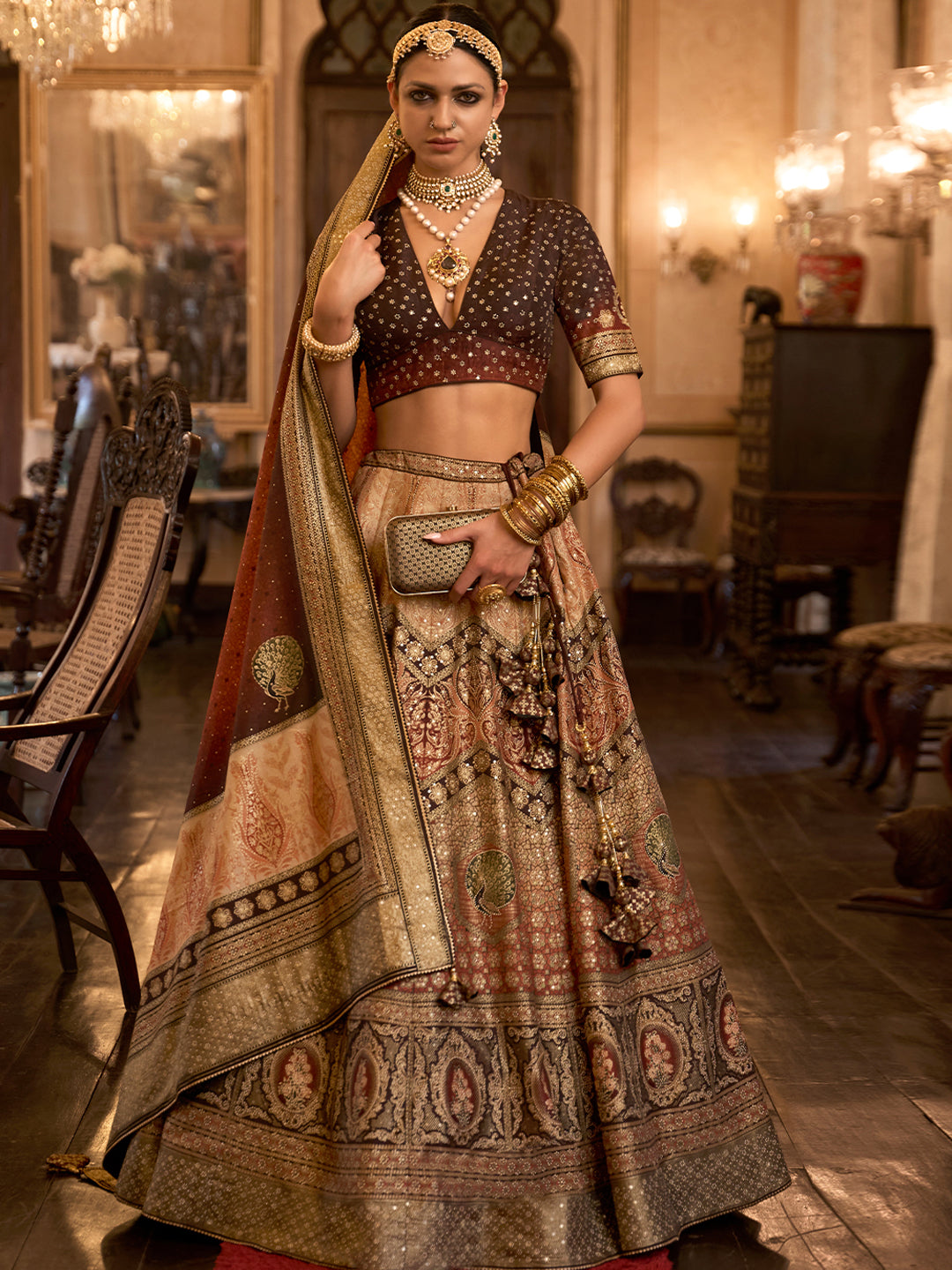 Brown-Golden Designer Silk Ready to Wear Lehenga Choli With Sparkle & Aari Mirror Work - qivii
