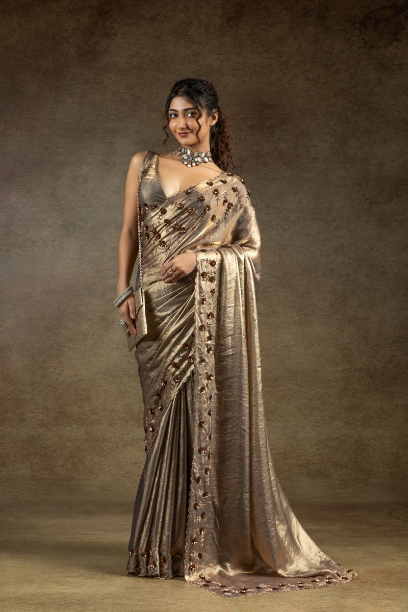 Gold & Grey Two Tone Satin Silk With Zarkan & Applique Sequence Cut Work Border Saree - qivii