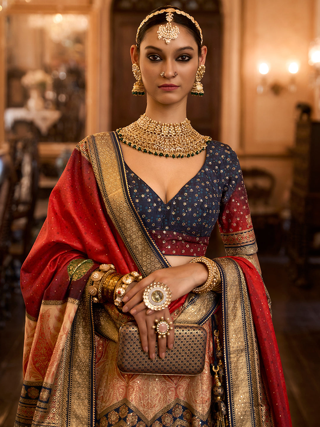 Red-Blue Designer Silk Ready to Wear Lehenga Choli With Sparkle & Aari Mirror Work - qivii