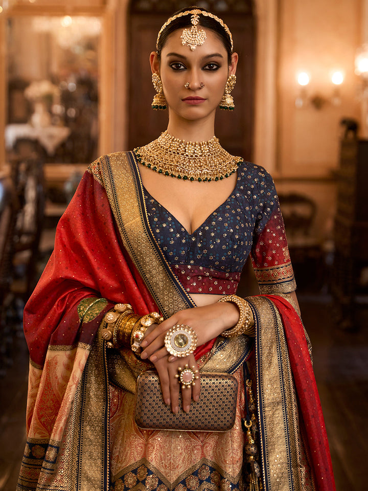 Red-Blue Designer Silk Ready to Wear Lehenga Choli With Sparkle & Aari Mirror Work - qivii