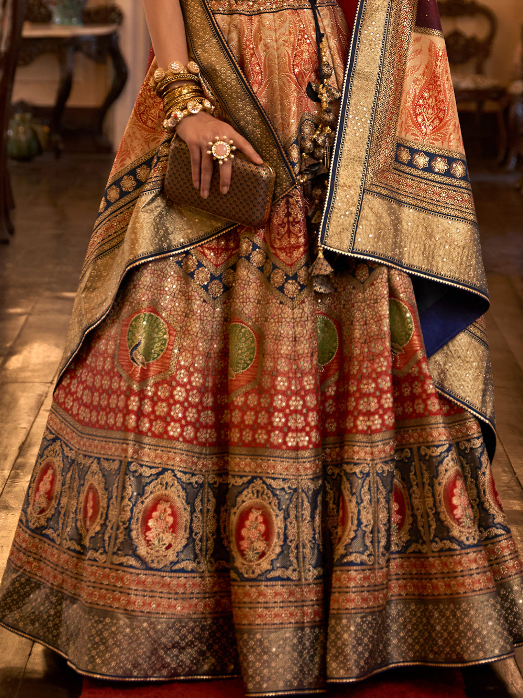 Red-Blue Designer Silk Ready to Wear Lehenga Choli With Sparkle & Aari Mirror Work - qivii