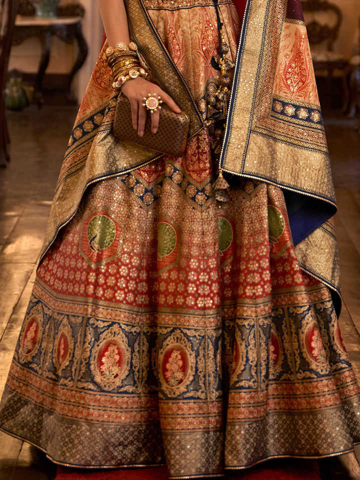 Red-Blue Designer Silk Ready to Wear Lehenga Choli With Sparkle & Aari Mirror Work - qivii