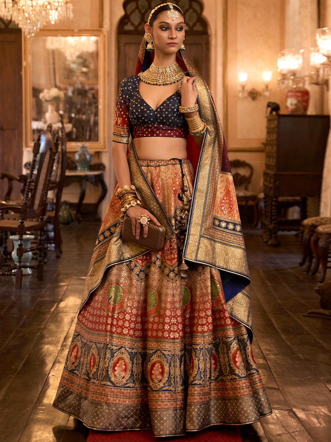 Red-Blue Designer Silk Ready to Wear Lehenga Choli With Sparkle & Aari Mirror Work - qivii