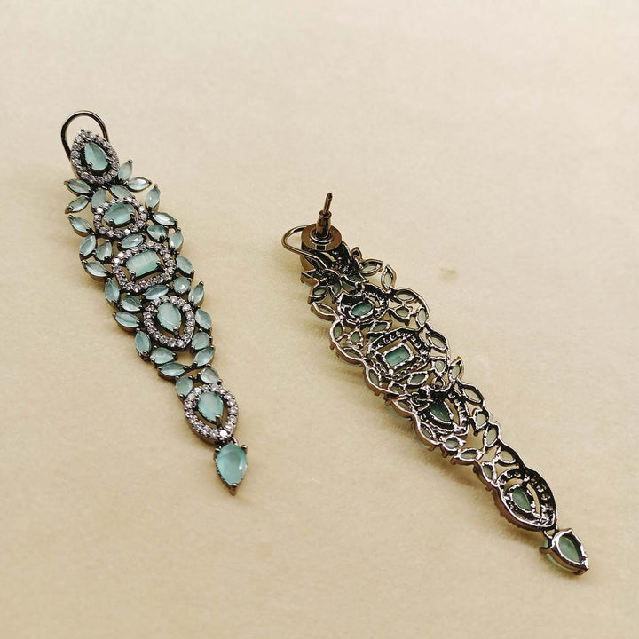 Stunning Mint Green Stone Victorian Earrings with Ornate Details and Glittering American Diamond Elements