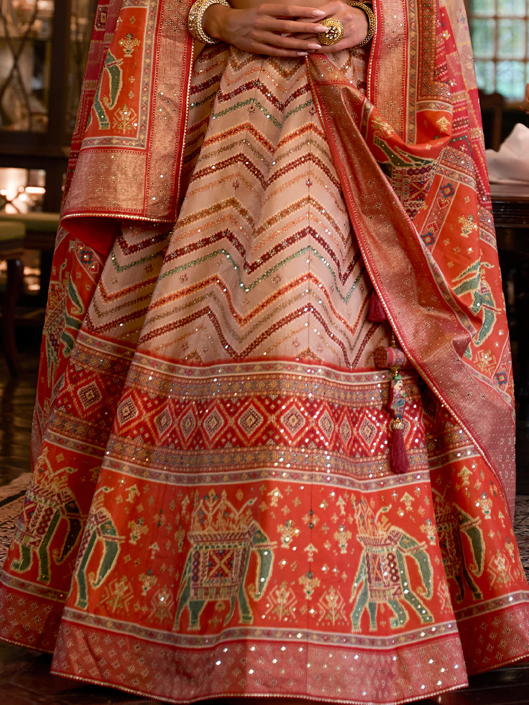 Orange Shade Designer Silk Ready to Wear Lehenga Choli With Sparkle & Mirror Work - qivii