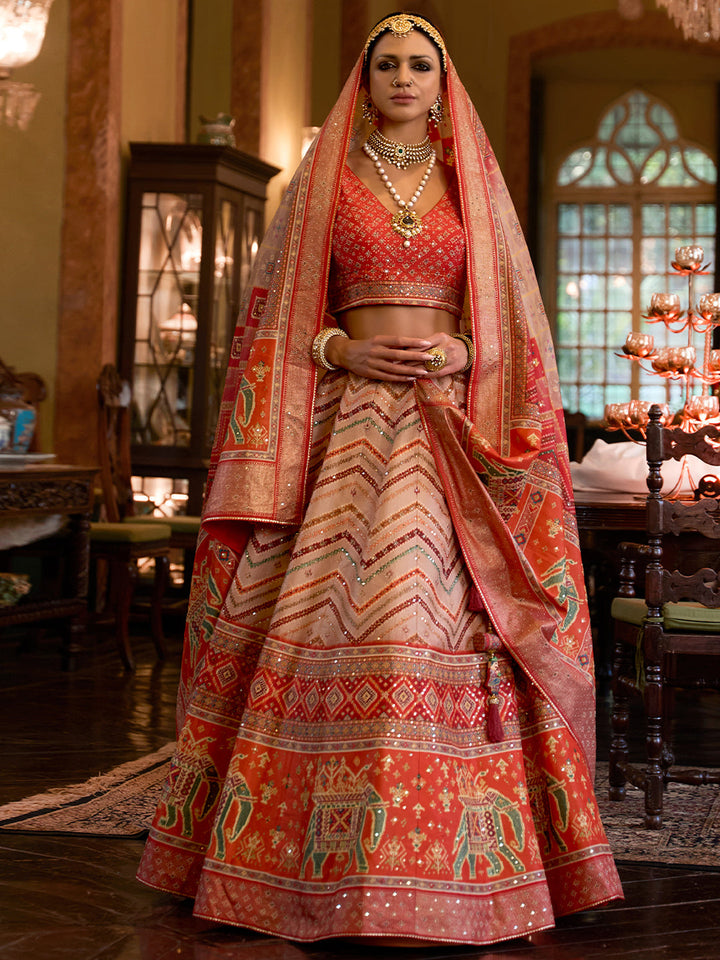 Orange Shade Designer Silk Ready to Wear Lehenga Choli With Sparkle & Mirror Work - qivii