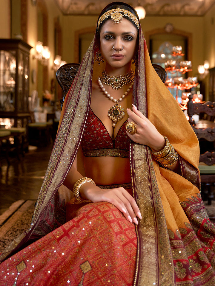 Red-Yellow Designer Silk Ready to Wear Lehenga Choli With Sparkle & Mirror Work - qivii