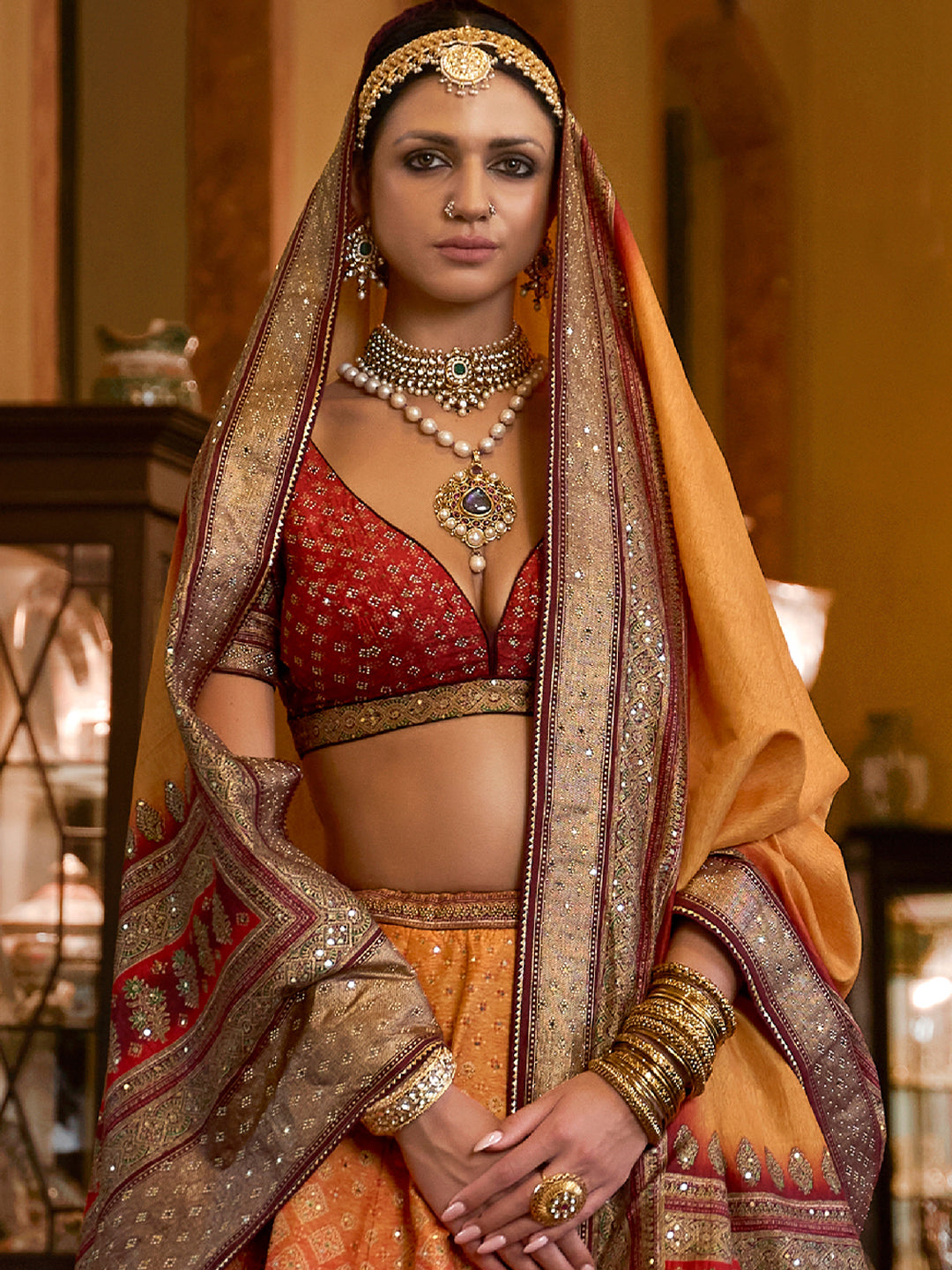 Red-Yellow Designer Silk Ready to Wear Lehenga Choli With Sparkle & Mirror Work - qivii