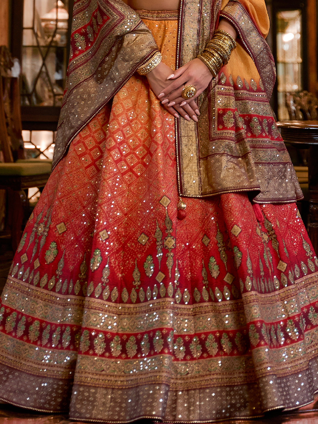Red-Yellow Designer Silk Ready to Wear Lehenga Choli With Sparkle & Mirror Work - qivii