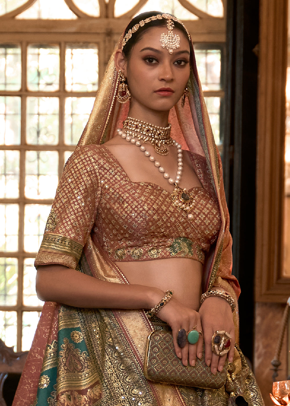 Brown & Green Ready to Wear Designer Silk Lehenga Choli with Sparkle & Mirror work | Ready To Wear - qivii