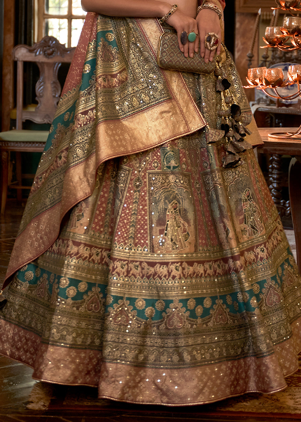Brown & Green Ready to Wear Designer Silk Lehenga Choli with Sparkle & Mirror work | Ready To Wear - qivii