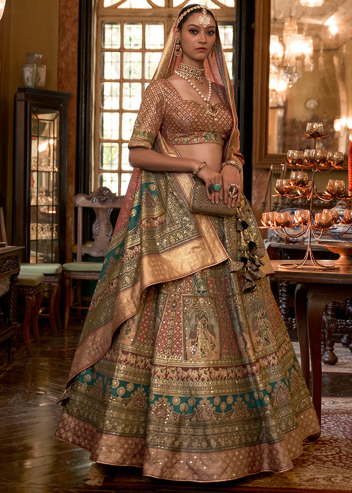 Brown & Green Ready to Wear Designer Silk Lehenga Choli with Sparkle & Mirror work | Ready To Wear - qivii