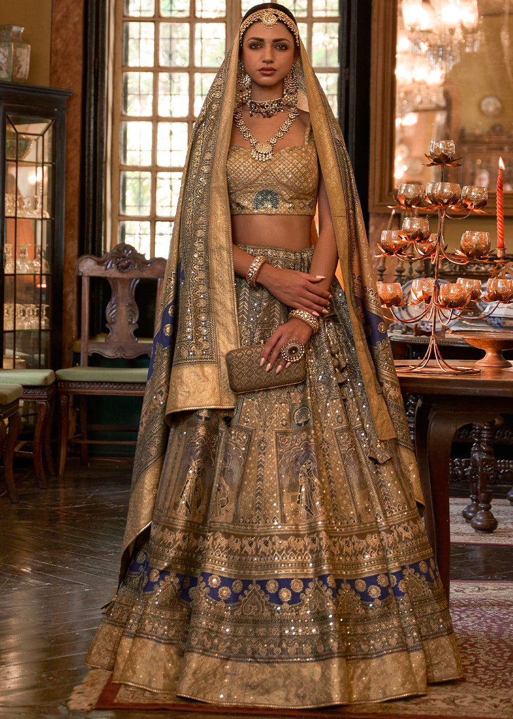 Blue & Golden Ready to Wear Designer Silk Lehenga Choli with Sparkle & Mirror work | Ready To Wear - qivii