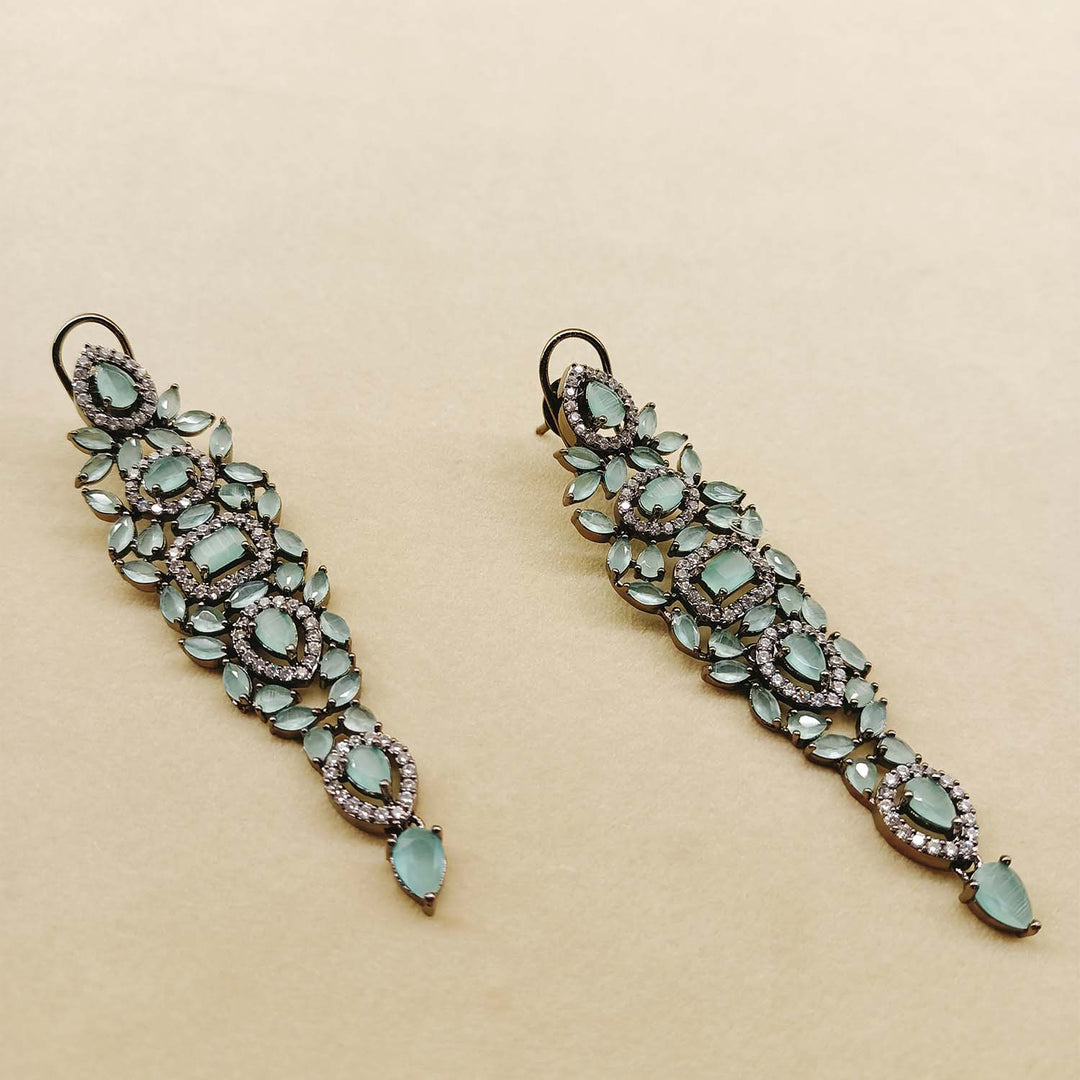 Elegant Mint Green Stone Earrings Featuring Delicate Victorian Motifs and Brilliant American Diamond Accents