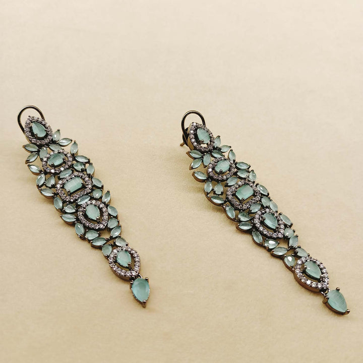 Elegant Mint Green Stone Earrings Featuring Delicate Victorian Motifs and Brilliant American Diamond Accents