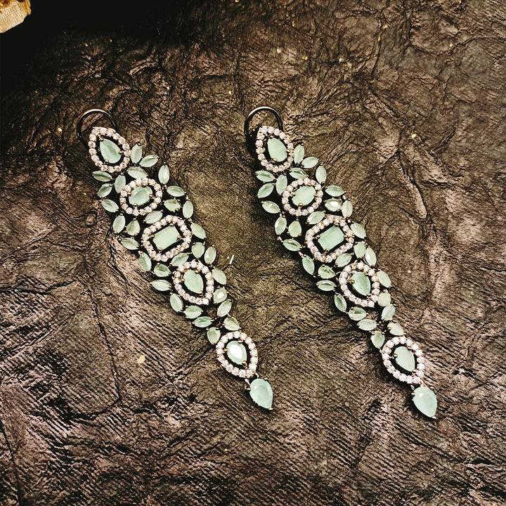 Charming Mint Green Stone Earrings in Victorian Style with Dazzling American Diamond Embellishments