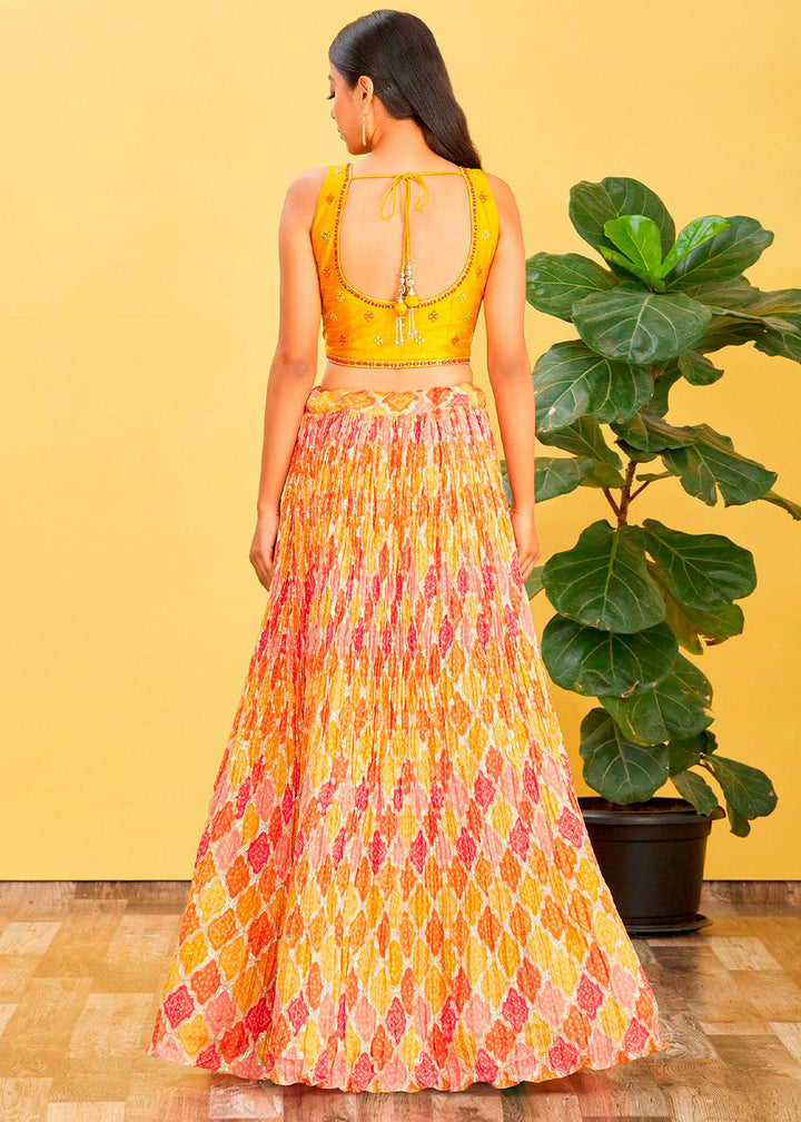 Saffron Yellow Digital Printed Chinnon Lehenga with Thread,Zari & Sequins Work | Ready To Wear - qivii