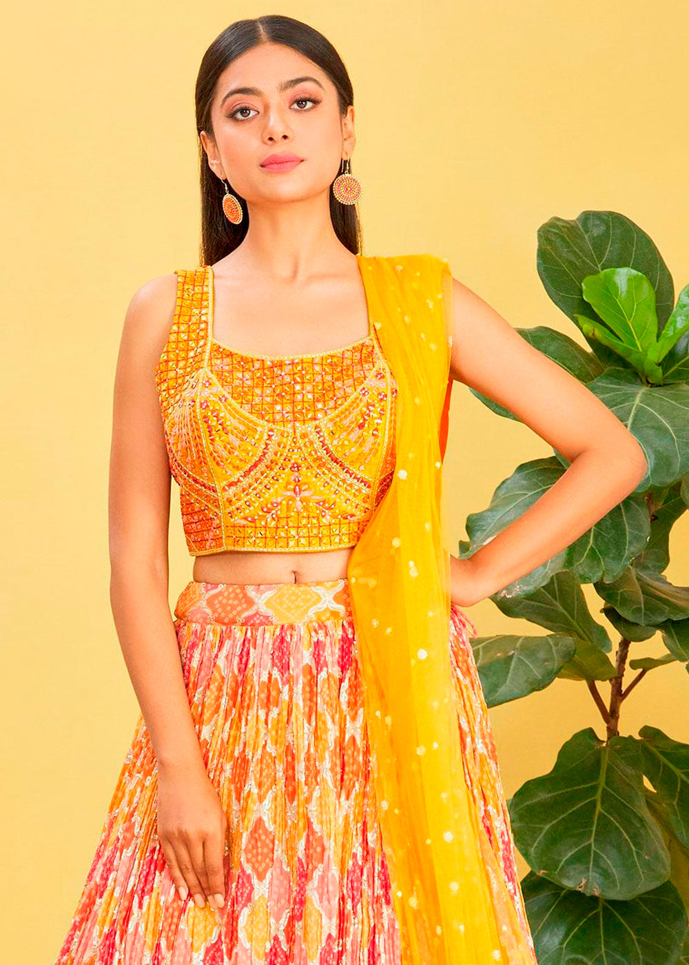 Saffron Yellow Digital Printed Chinnon Lehenga with Thread,Zari & Sequins Work | Ready To Wear - qivii