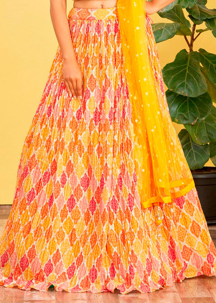 Saffron Yellow Digital Printed Chinnon Lehenga with Thread,Zari & Sequins Work | Ready To Wear - qivii