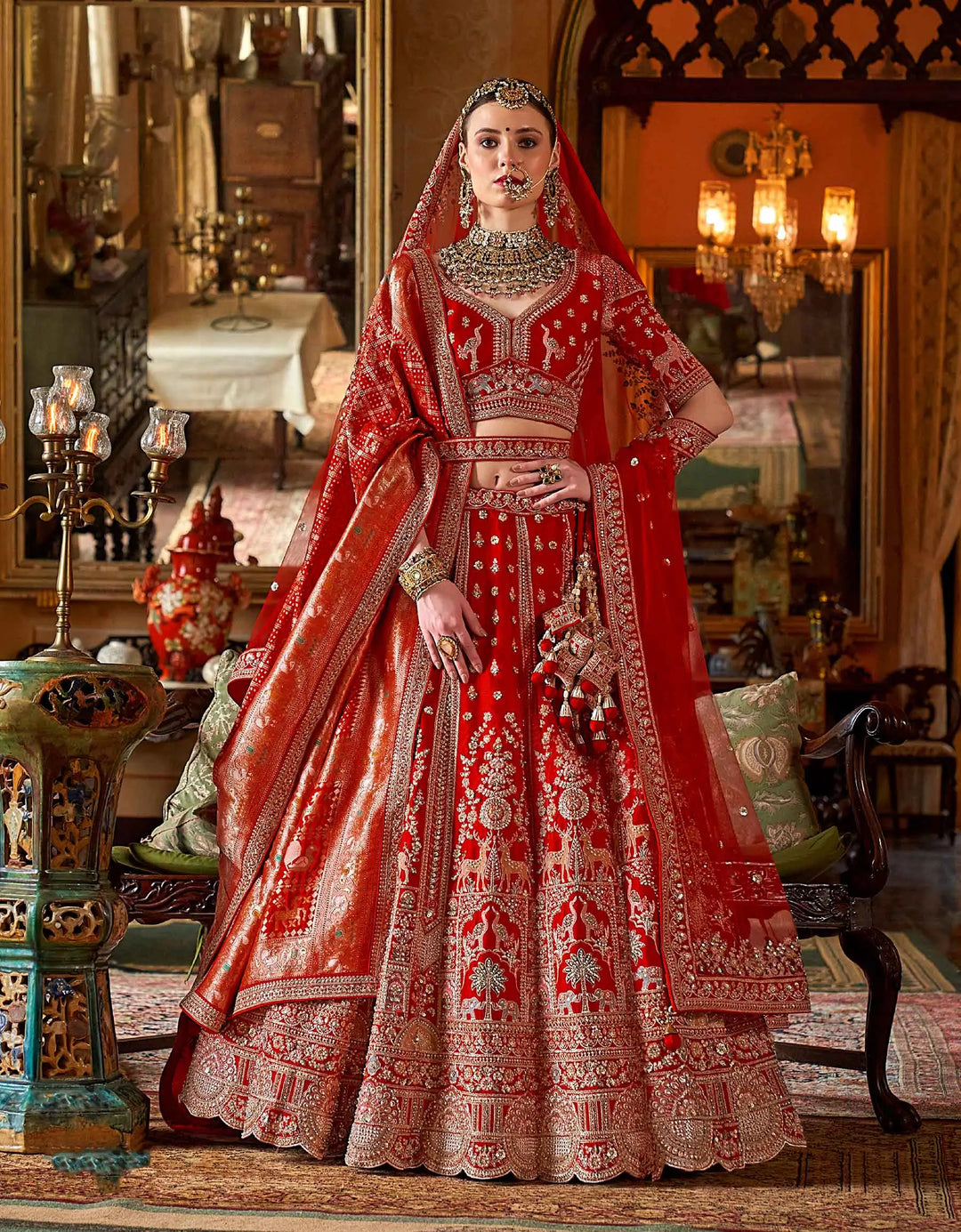 Red Heavy Embroidery & Pearl Work Bridal Lehenga - qivii