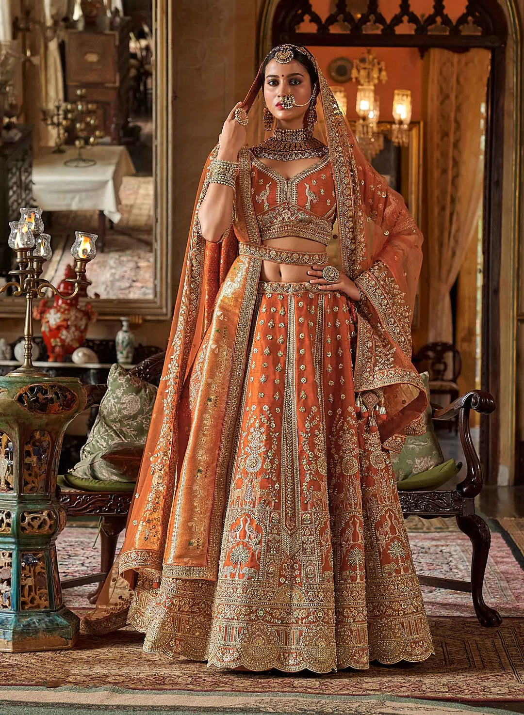 Orange Bridal Lehenga With Heavy Embroidery & Pearl Work - qivii