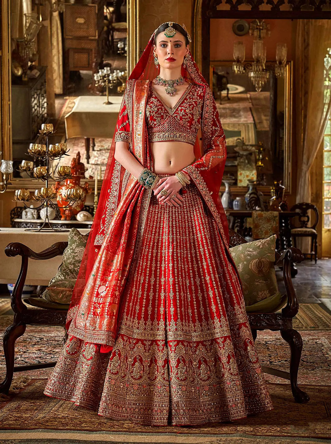 Bridal Red Lehenga With Heavy Embroidery & Pearl Work - qivii