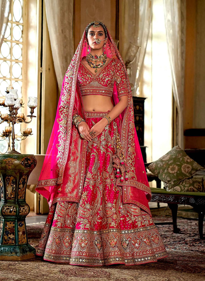 Bridal Pink Heavy Embroidery & Pearl Work Lehenga - qivii