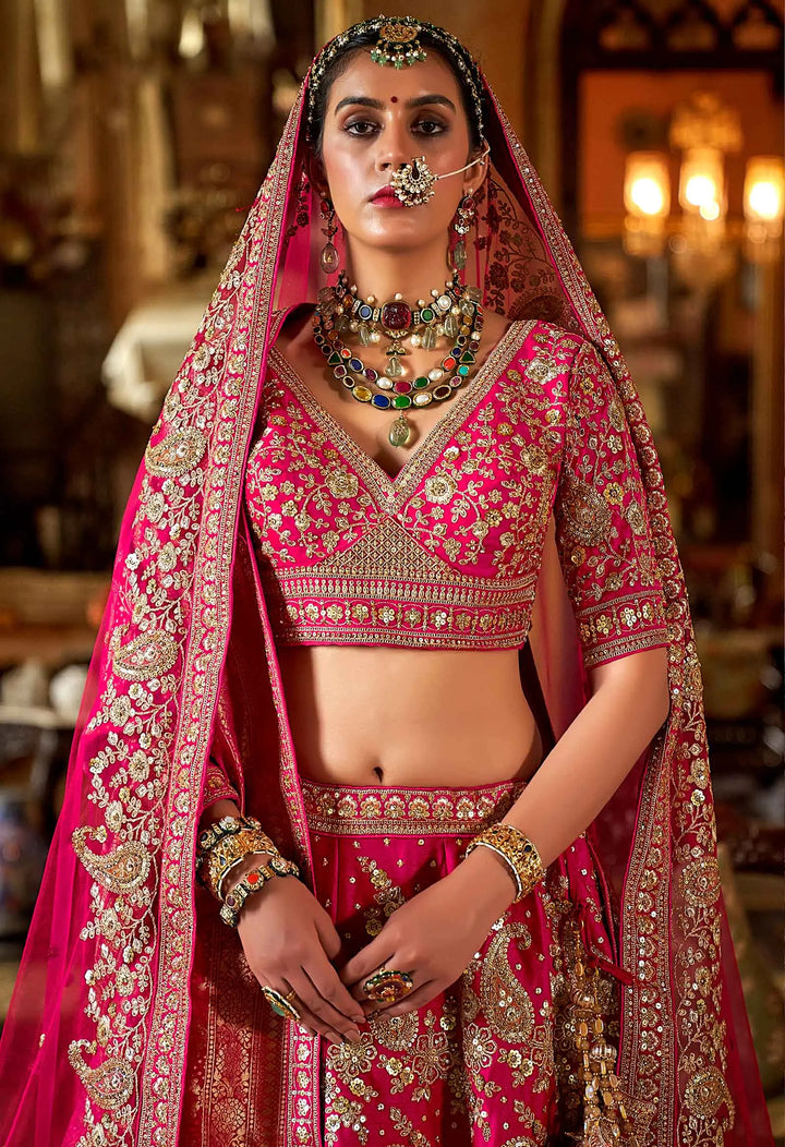 Bridal Pink Heavy Embroidery & Pearl Work Lehenga - qivii
