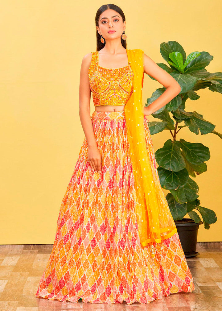Saffron Yellow Digital Printed Chinnon Lehenga with Thread,Zari & Sequins Work | Ready To Wear - qivii