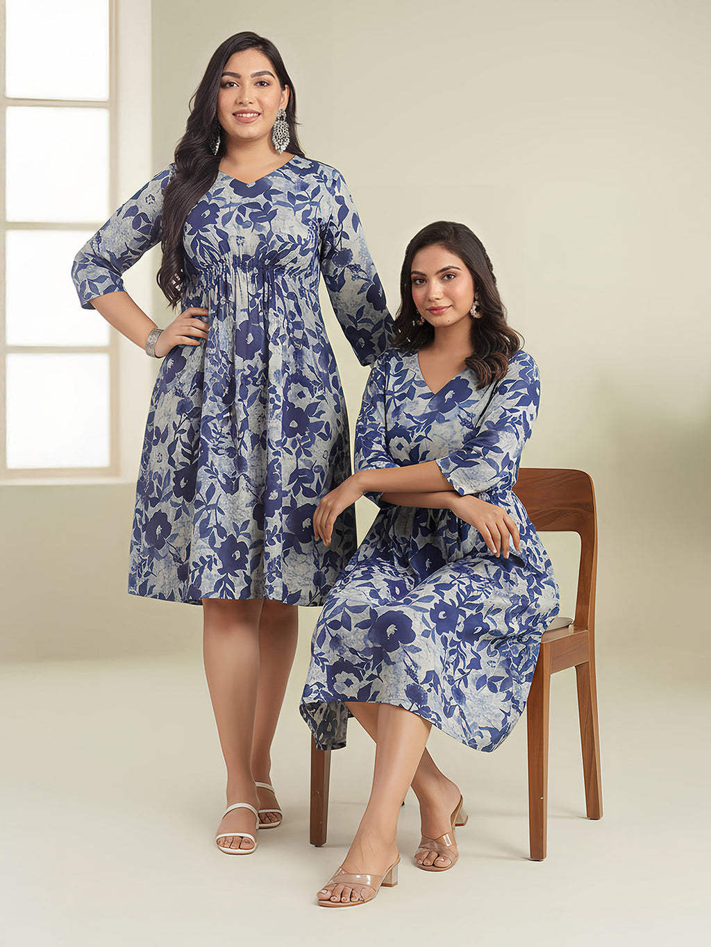 Plus Size Indigo Cotton Floral Gathered Dress