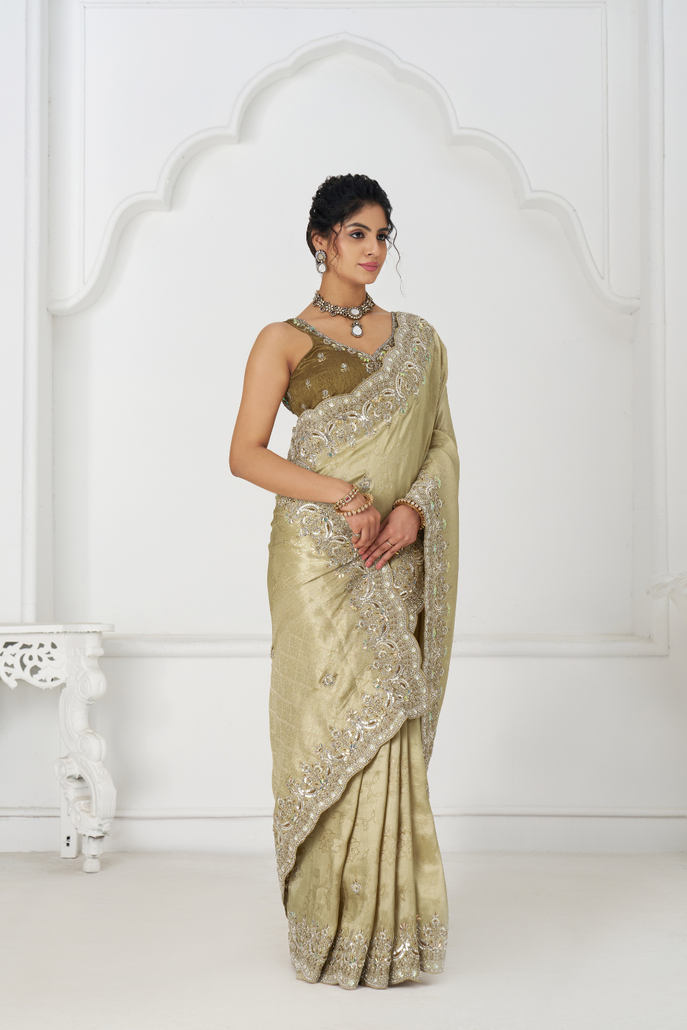 Champagne Color Pure Dola Silk Saree With Sequins And Beads Embroidery For Wedding - qivii