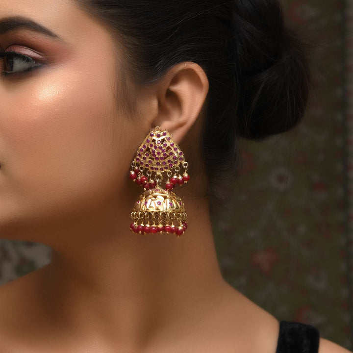 Elegant Gold Plated Jadau Jhumki with Beautiful Ruby Colored Beads