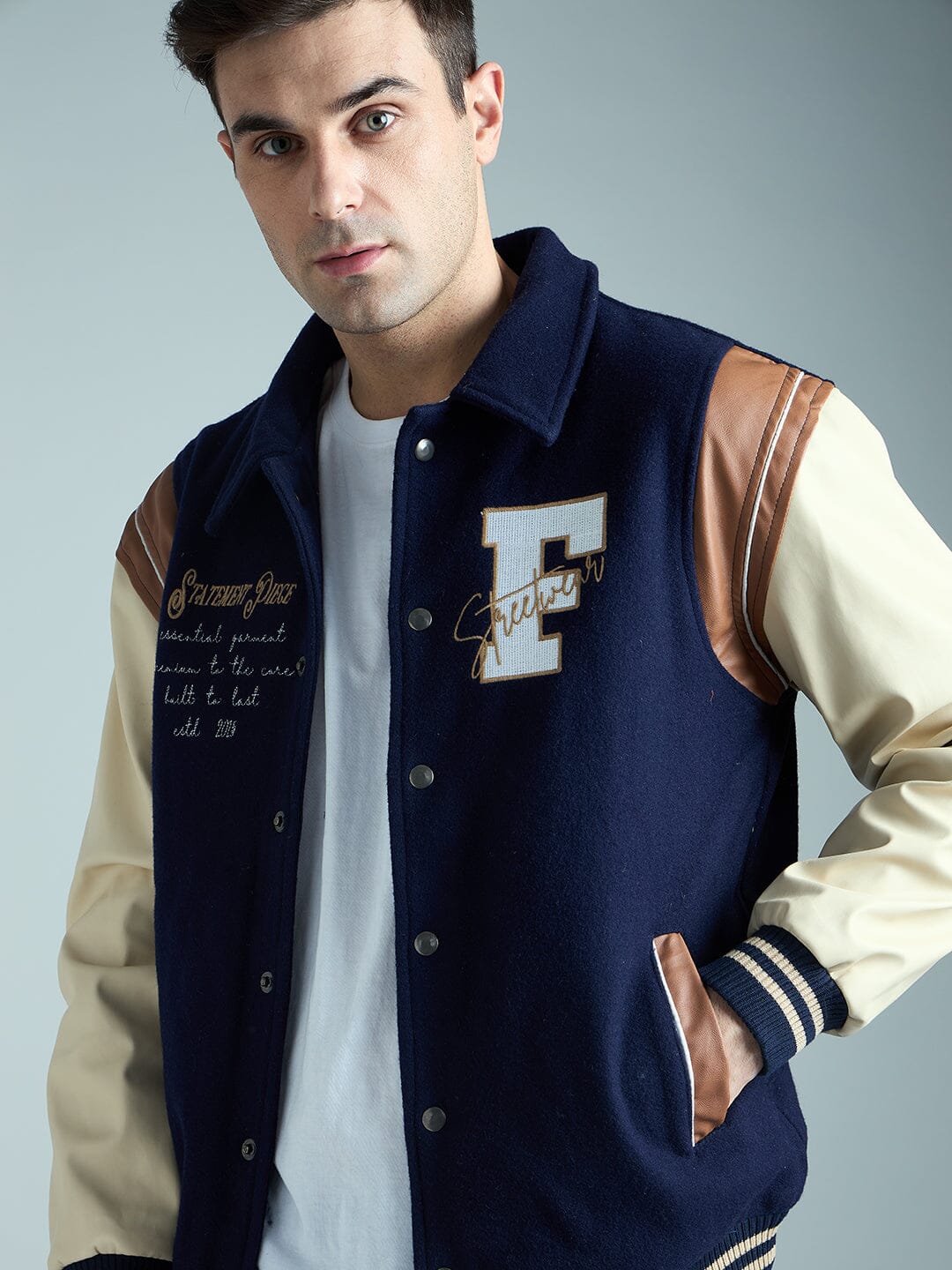 Navy Statement Woollen Varsity Jacket