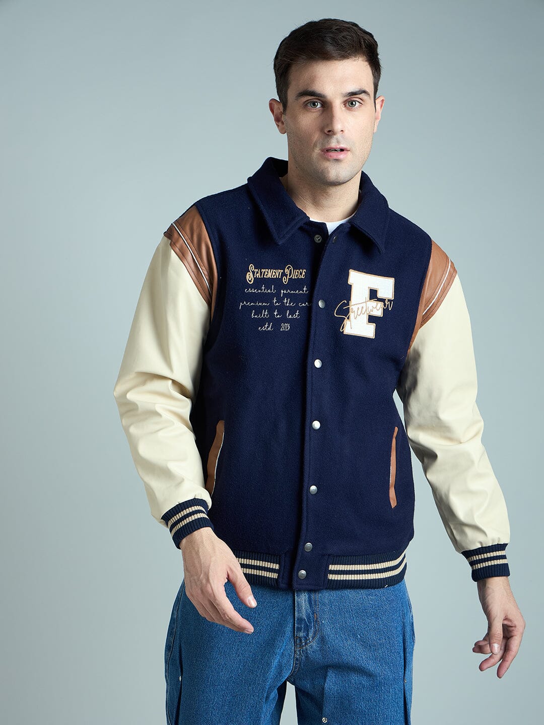 Navy Statement Woollen Varsity Jacket