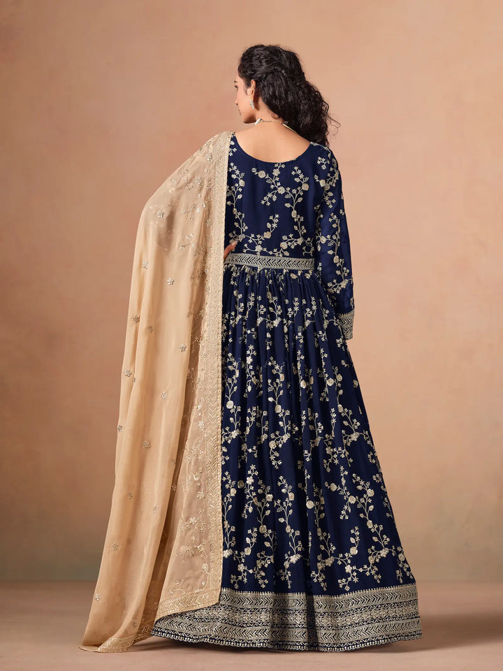 Navy Blue Georgette Embroidery Gown With Organza Dupatta - qivii