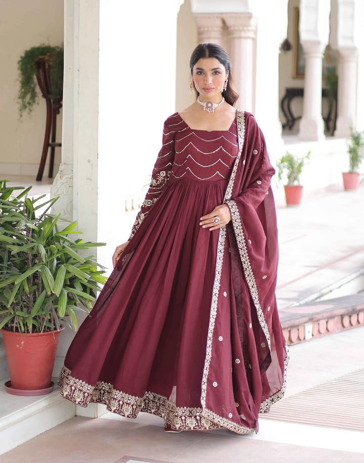 Maroon Sequins Embroidery Work Silk Gown