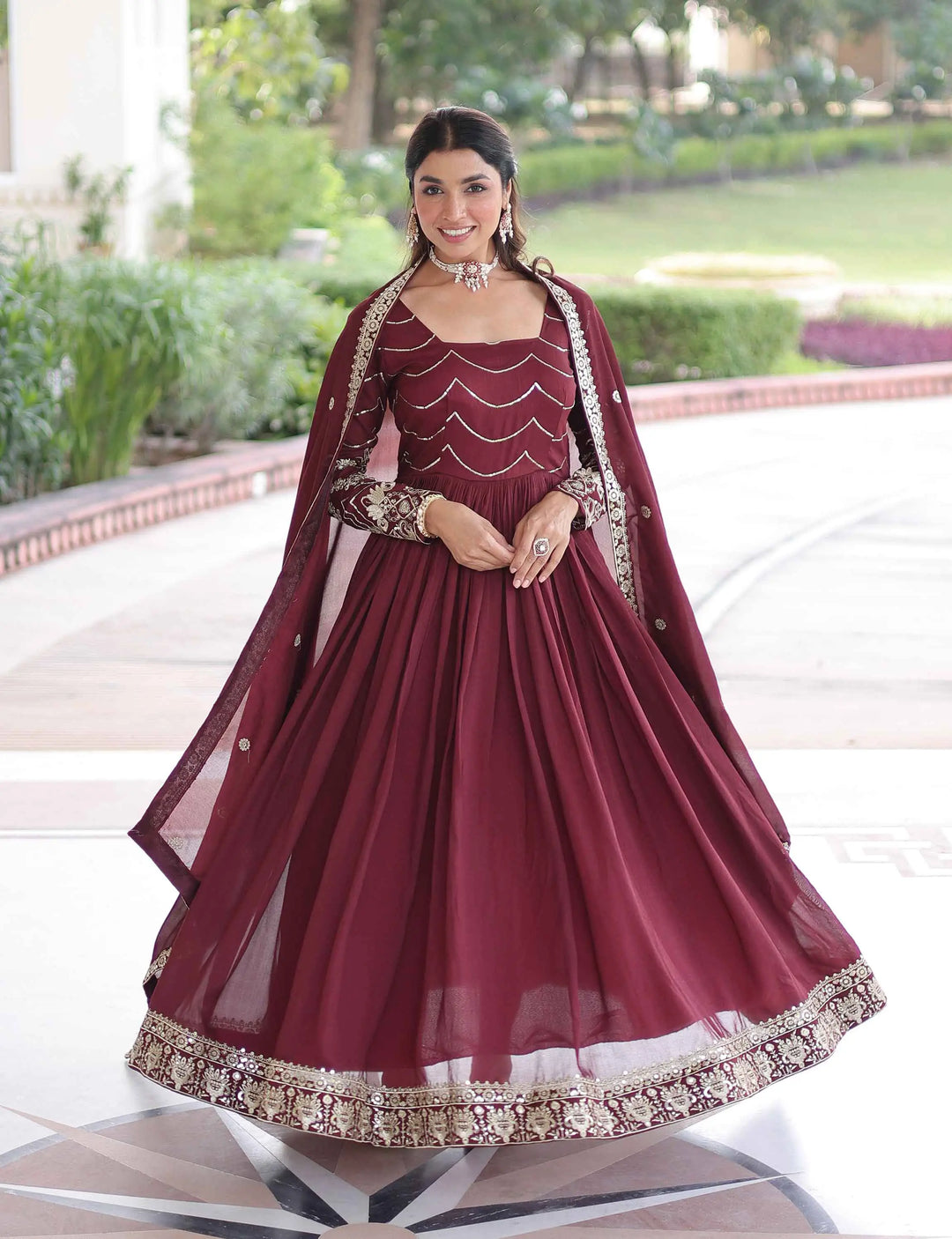 Maroon Sequins Embroidery Work Silk Gown