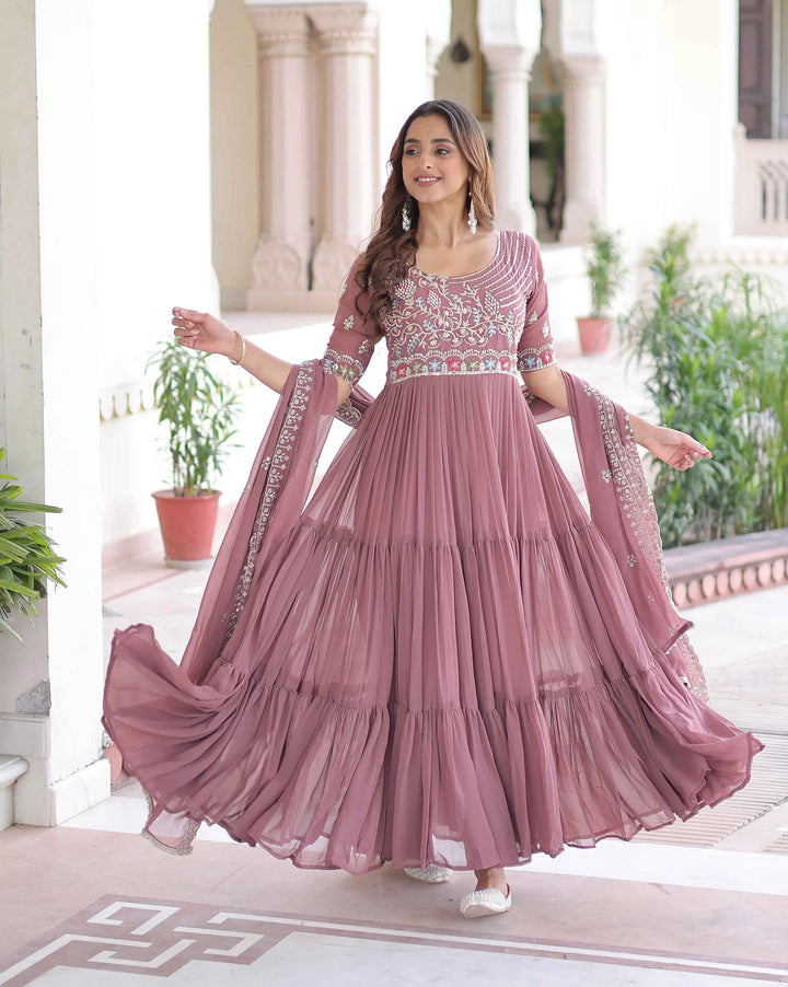 Dark Mauve Beads Embroidery Work Gown