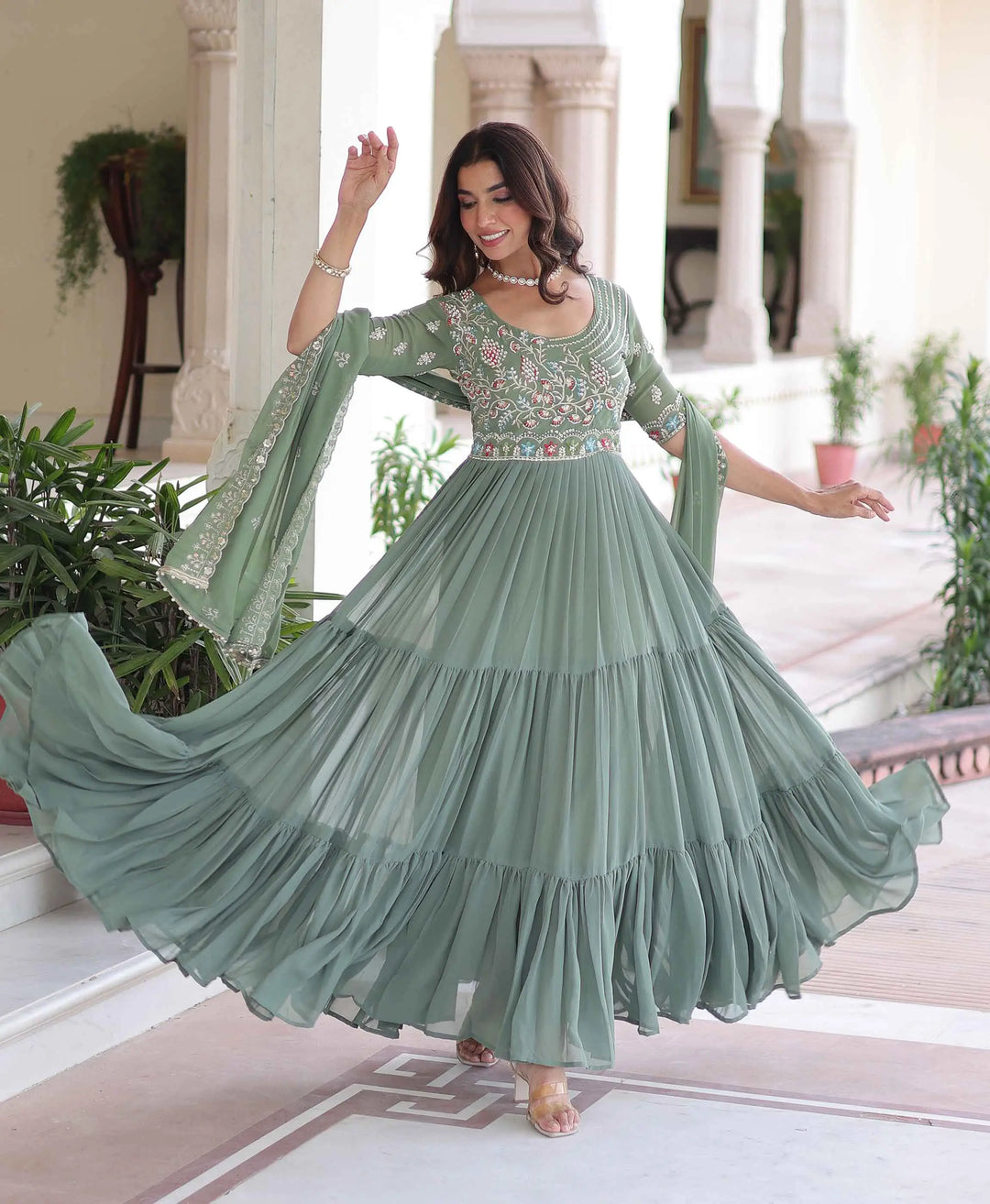 Sage Green Beads Embroidery Work Gown